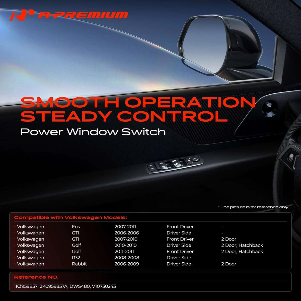 Left Power Window Switch for Volkswagen Golf Eos (2010–2011) 2K0959857A, 1K3959857, DWS480