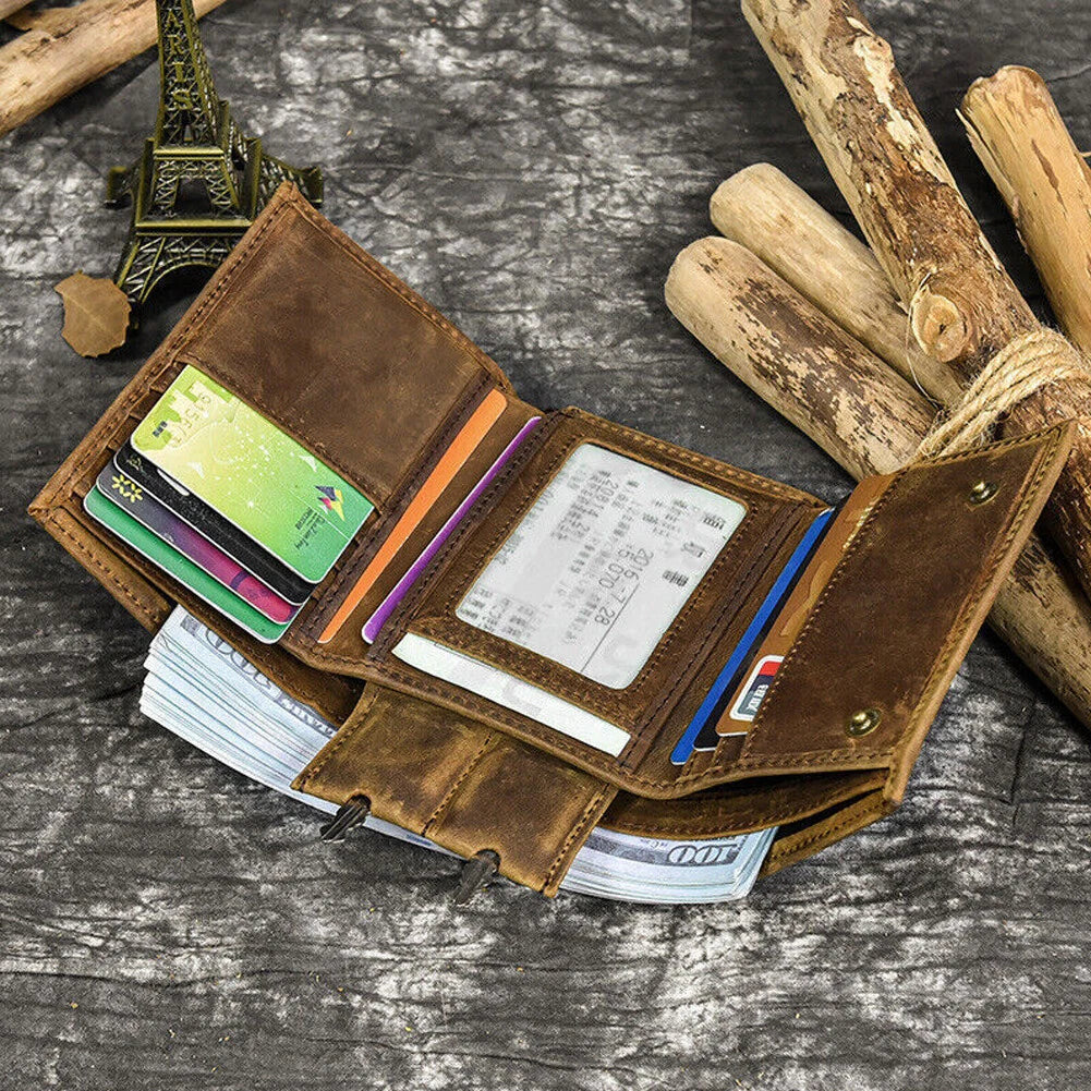 Men's Leather Tri-fold Wallet Chain Vintage Snap Closure Card Holder