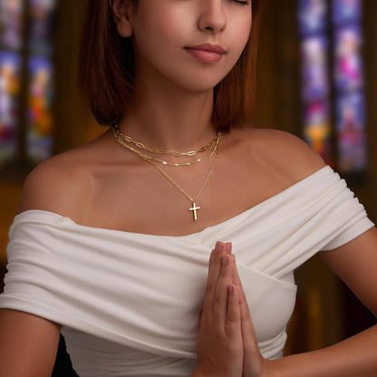 Layered Gold Cross Necklace for Women, 14k Adjustable (14-52.07 cm)