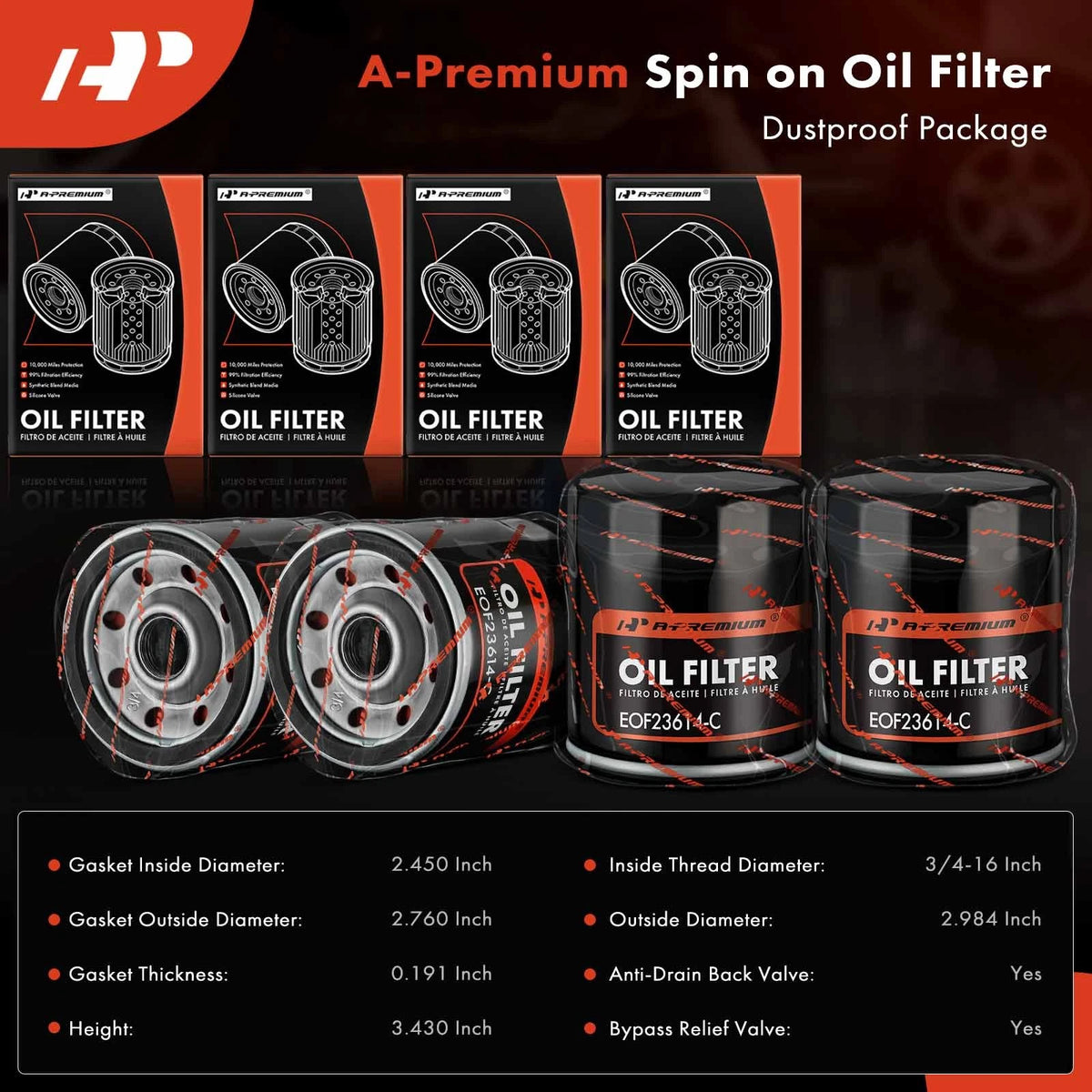 Set of 4 Engine Oil Filters for Chevrolet Tracker Lincoln MKC (2015–2019) - PH3614, 04E115561B, 04E115561H, 0892202004, 0892202010, 0892202011