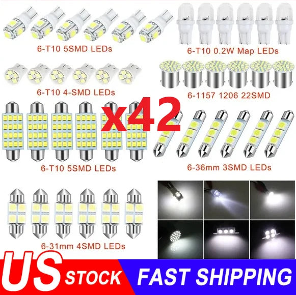 42PCS LED Interior Light Bulbs for Car (T10=W5W 2825 168 194 158 161 175 192 501 921 PC175 906 904)