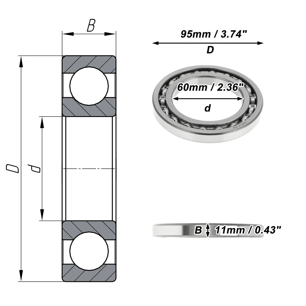Deep Groove Ball Bearing 60x95x11mm for Scooter Skateboard (P0)