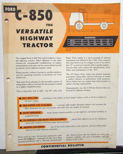 Sales Brochure for 1961 Ford Truck C 850 Versatile Highway Tractor