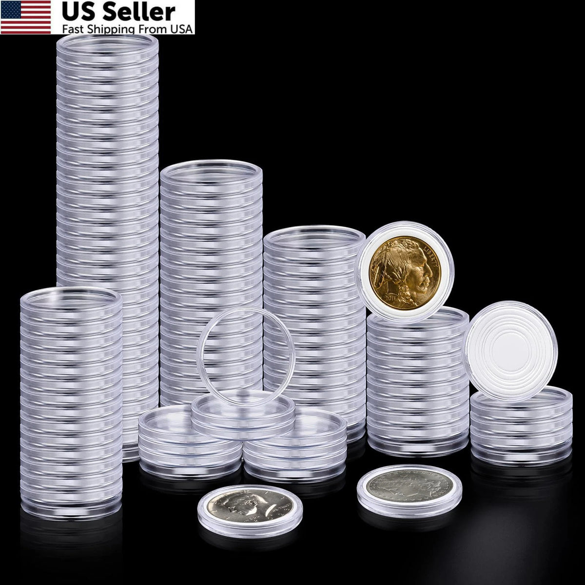 100PCS Silver Dollar Coin Holders 40mm Inner, 44mm Outer, 17-40mm Gasket