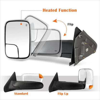 Set of 2 Power Heated Chrome Towing Mirrors with LED Signal for Dodge Ram 1500-3500 (2002–2009)