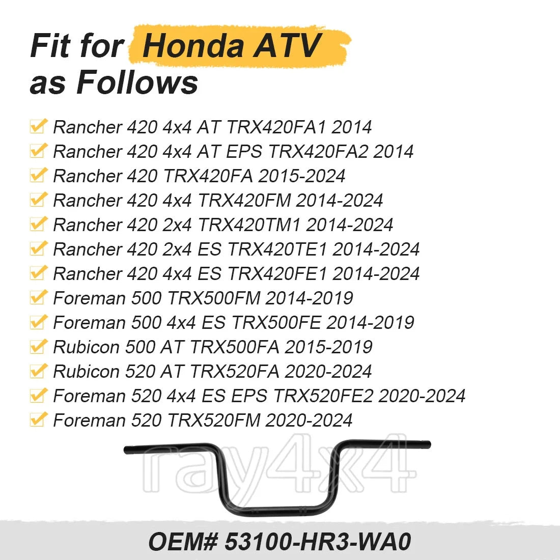 Handlebar 53100-HR3-WA0 for Honda Rancher 420 TRX420 (2014–2024)