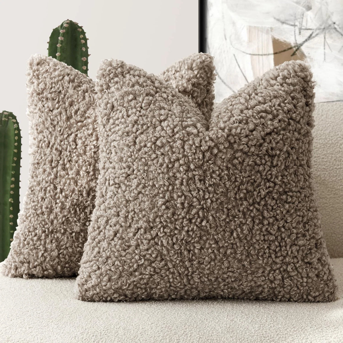 2X Teddy Faux Fur Throw Pillow 18" for Home Decor (Pack of 2), Khaki