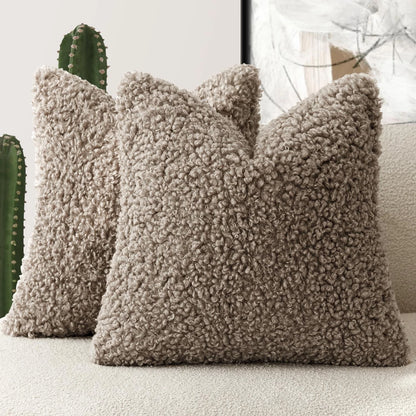 2X Teddy Faux Fur Throw Pillow 18" for Home Decor (Pack of 2), Khaki