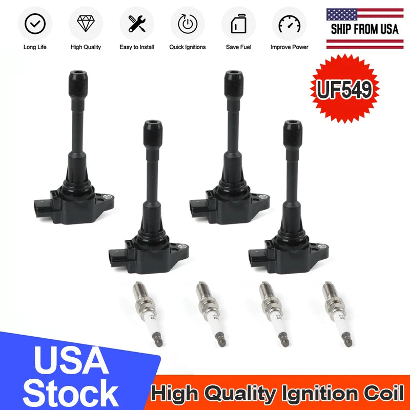4X Ignition Coil & Iridium Spark Plug Kit for Nissan Altima Sentra Rogue Versa (2013–2023) - 22448JA00A, 22448JA00C, 22448ED000, DILKAR6A11, UF549