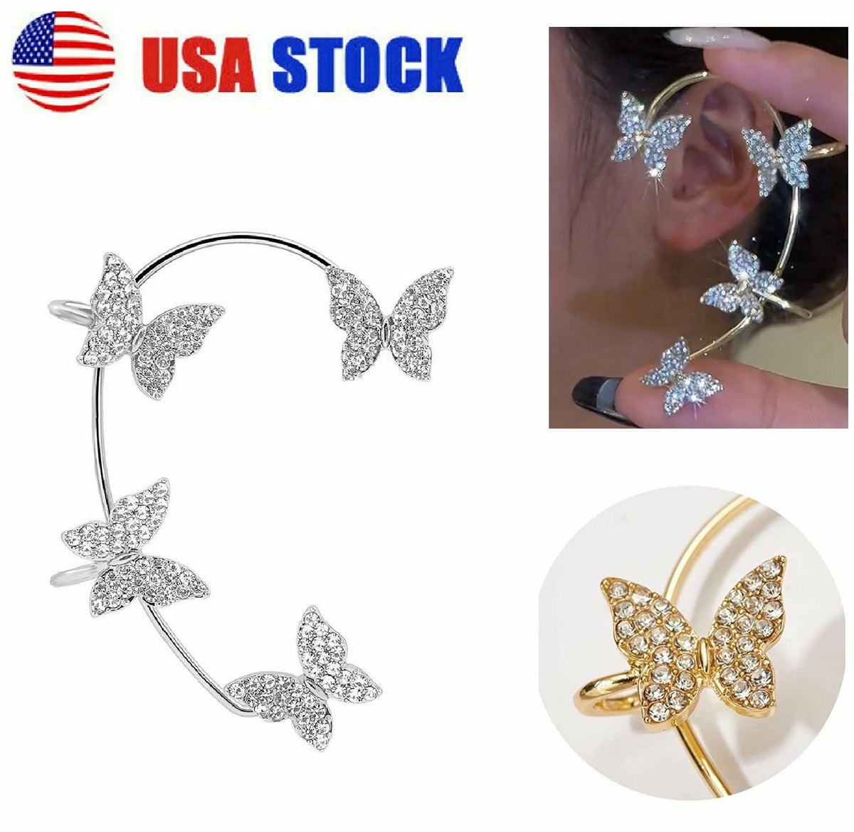1 Pair Butterfly Ear Clip Silver Zircon Earrings Cuff Wrap for Women