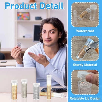 36 Pcs Plastic Coin Tubes Set - 6 Sizes Clear Holders