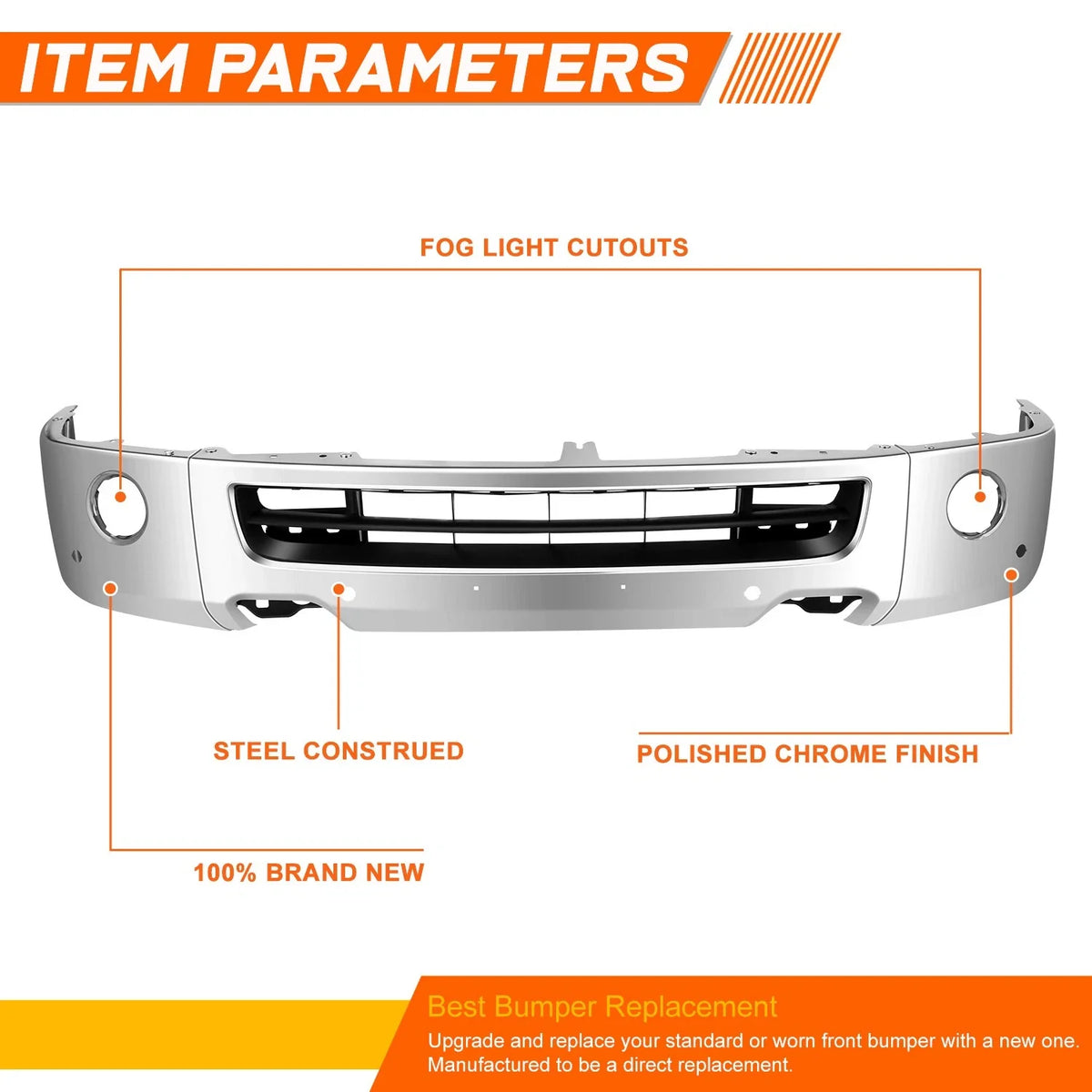 Steel Front Bumper Face Bar for Nissan NV3500 (2012–2021) w/ Fog Light Holes, Chrome