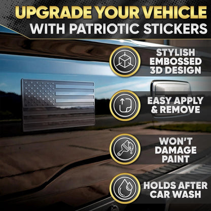 3D Embossed Aluminum Black American Flag Decal for Car - 1 Pair