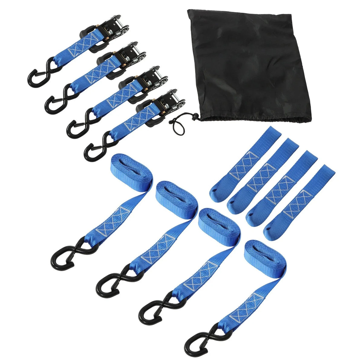 Set of 4 Steel Ratchet Straps 1.6in x 8ft with S Hooks, 5208lbs Strength
