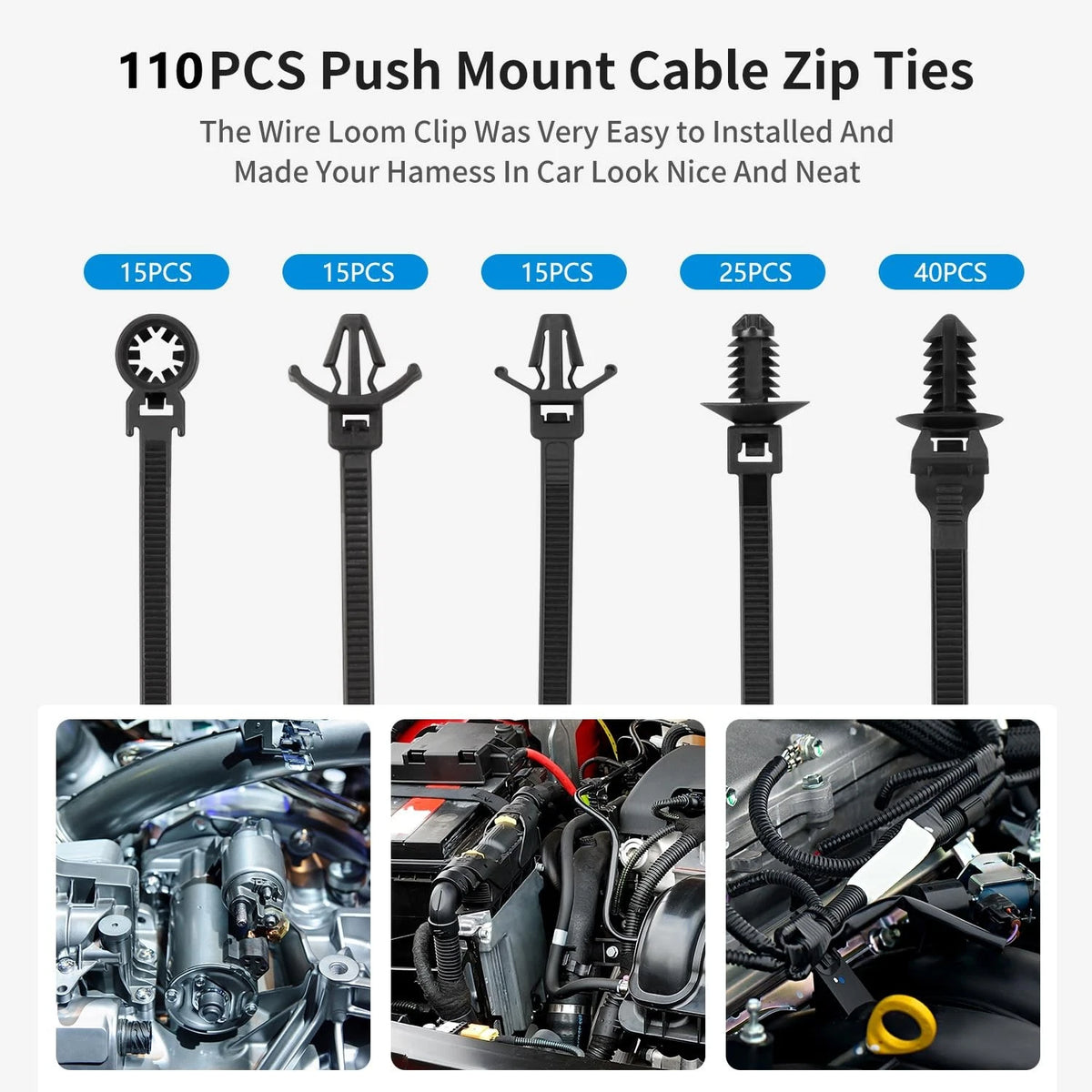 110 PCS Push Mount Cable Clips for Automotive Installation