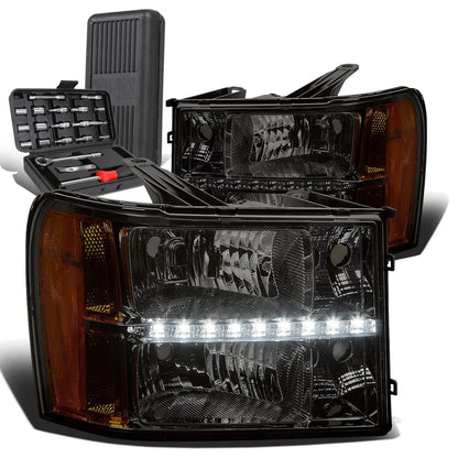 LED DRL Smoked Housing Amber Side Headlights for GMC Sierra (2007–2014)