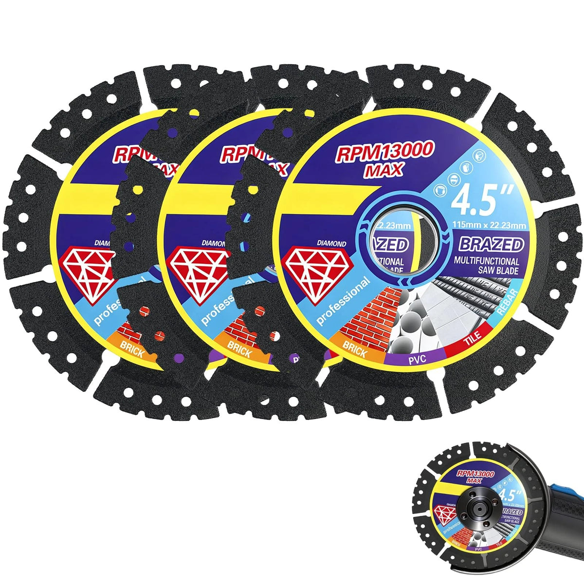 3 Pack 4.5" Diamond Multi-Purpose Saw Blade for Various Applications