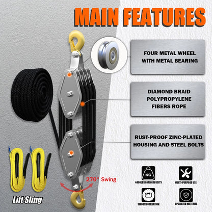 Rope Hoist Pulley System for Universal Use (4400LB, 4 Wheels, 2 Straps)