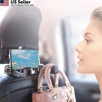 Car Headrest Hook with Phone Holder for Universal Fit (360 Rotation, Silver)