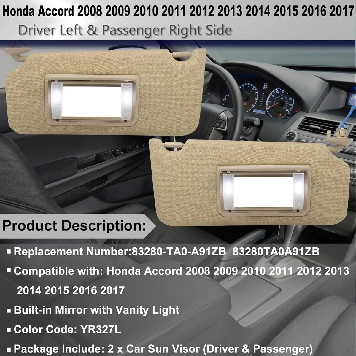 Pair Beige Sun Visors for Honda Accord (2008–2017) w/ Light & Mirror