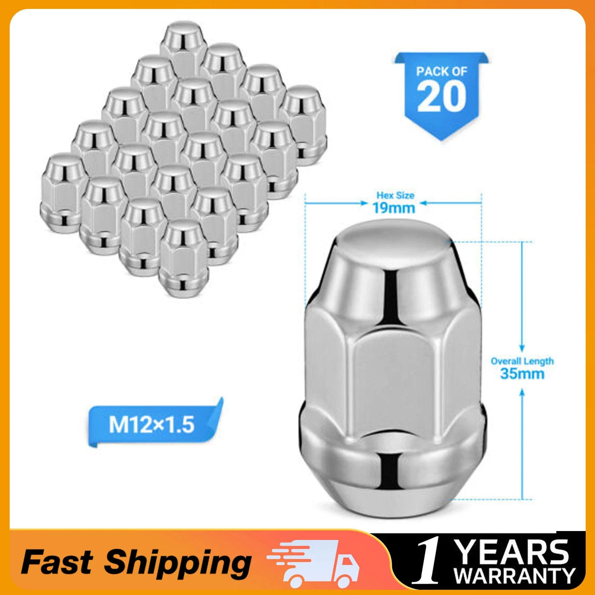 Set of 20 Chrome Closed End Bulge Acorn Lug Nuts for Aftermarket Wheels