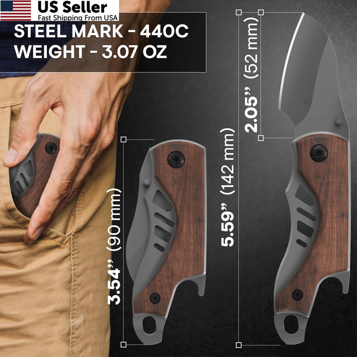 Small Pocket Knife for Men - 5.7" Keychain with Bottle Opener