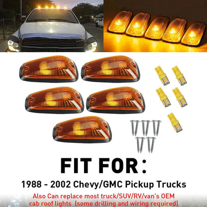 5x Cab Roof Marker Light Yellow Amber LED for Chevy GMC Pickup (1988–2002)