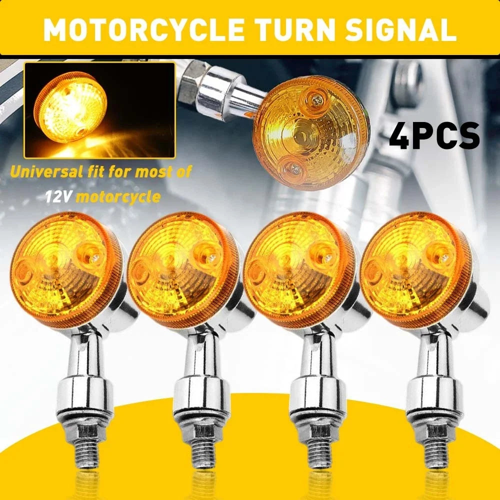 Set of 4 Chrome 12V Amber Turn Signal Indicator Lights for Universal Motorcycle
