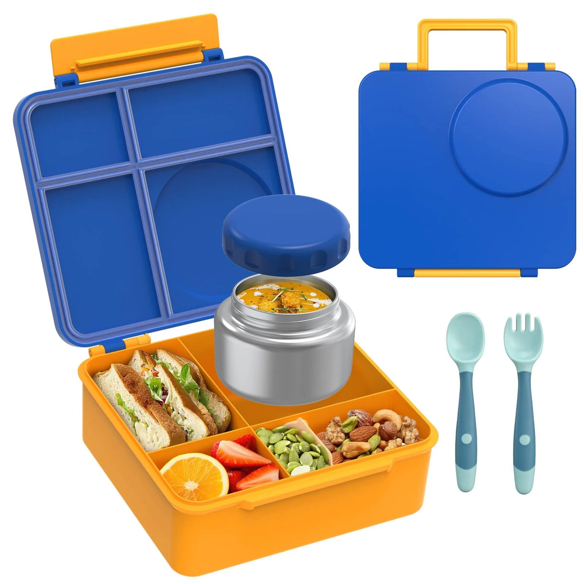 Set of 4 Kids Bento Lunch Boxes with 4 Compartments, Leak Proof, Blue