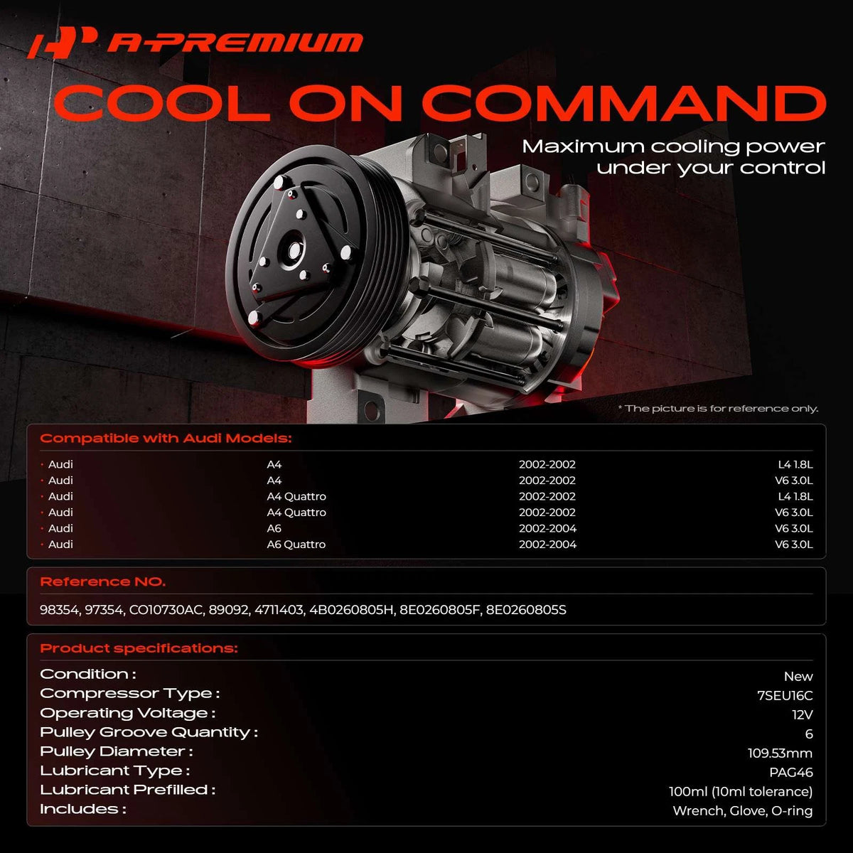 A/C Compressor with Clutch for Audi A4 A4 Quattro A6 A6 Quattro (2002) - 8E0260805F, 4B0260805H, 8E0260805S