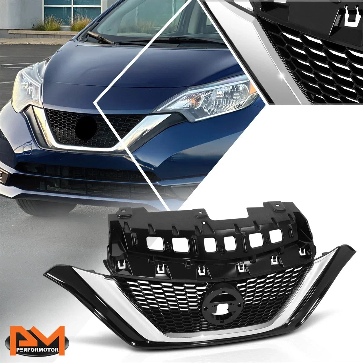 Honeycomb Mesh Grille for Nissan Versa Note (2017–2019) w/Badge Slot, Chrome Moulding