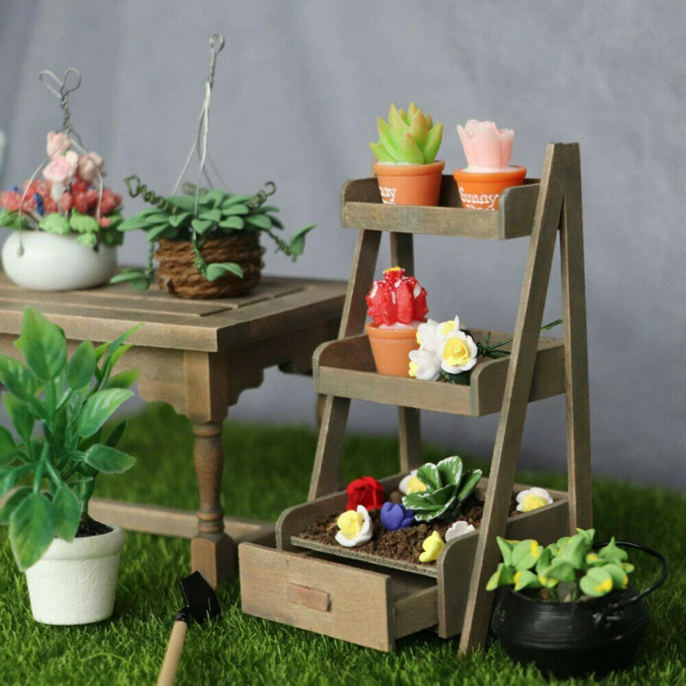 3-Tier Wood Flower Stand for Dollhouse Plant Display