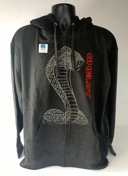 Zip Up Hoodie Jacket for Shelby Cobra (Licensed) Gray Red Snake Emblem (Unisex)