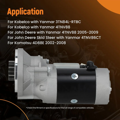 Starter Motor for John Deere Yanmar 4TNV88 (2005–2009) Komatsu 4D88E (2002–2008)