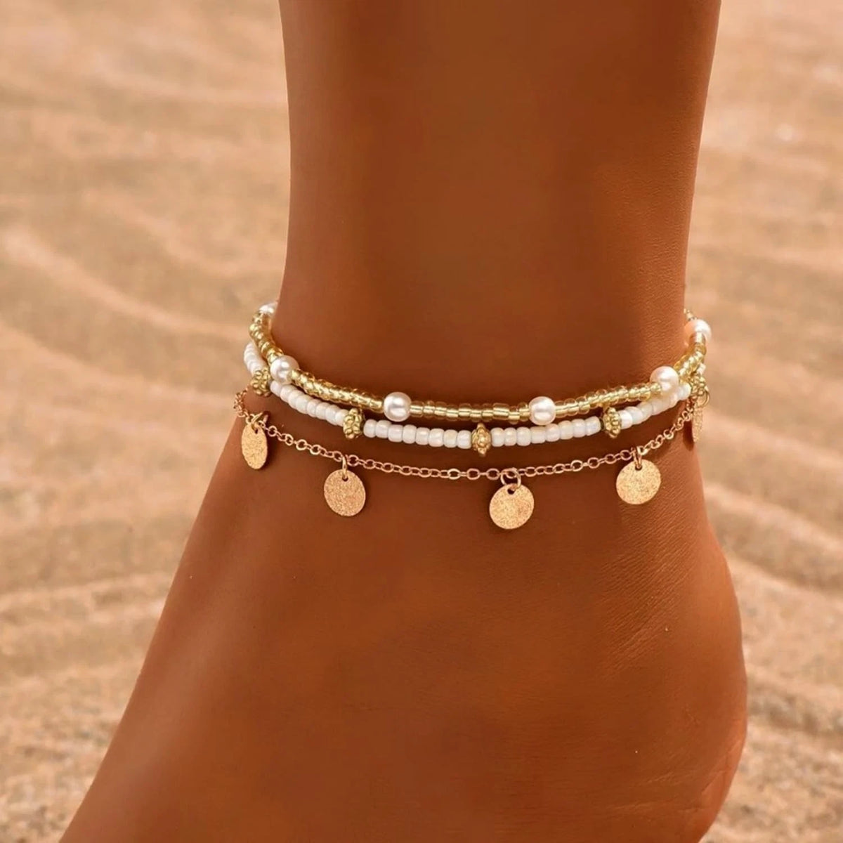 3PCS Ankle Bracelets for Women - Stretch Boho Pearl Bead Gold