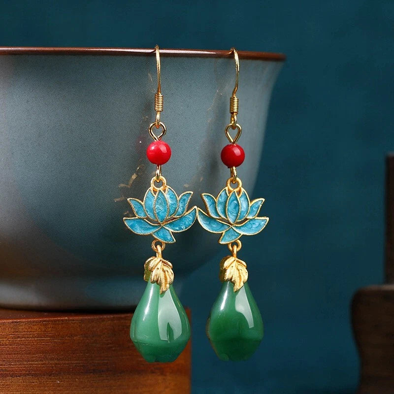 Set of 2 Jade Dangle Drop Earrings Gemstone Flower Gold Plated