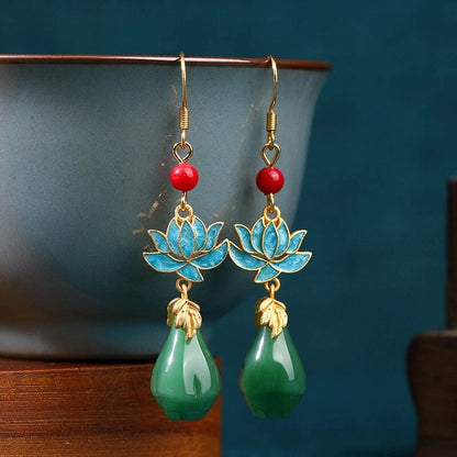 Set of 2 Jade Dangle Drop Earrings Gemstone Flower Gold Plated