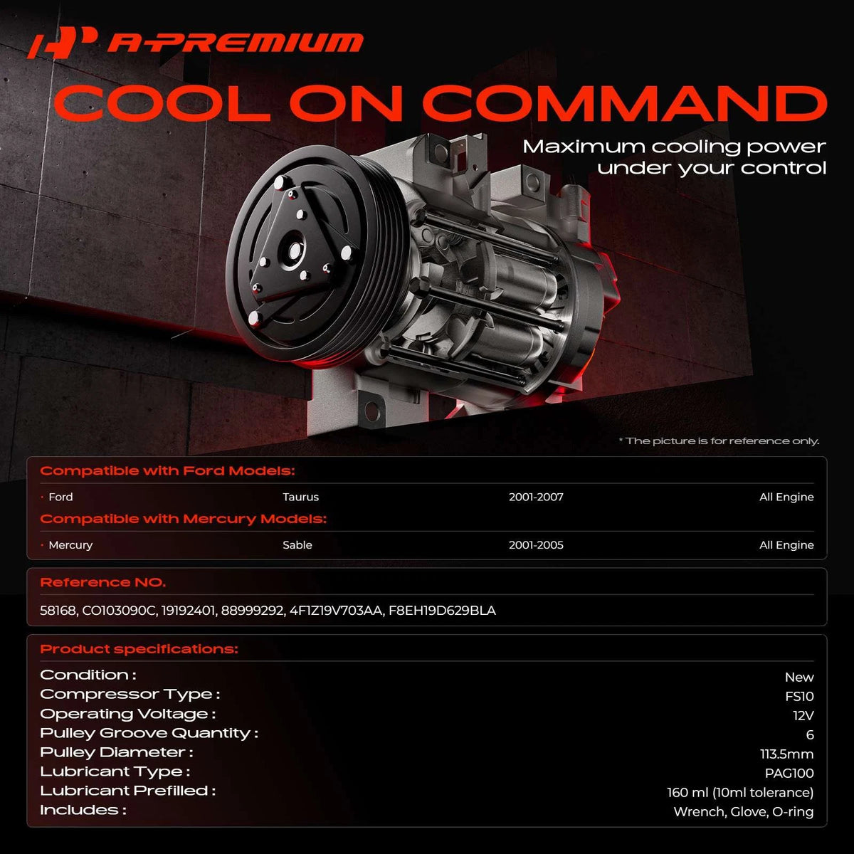 A/C Compressor with Clutch for Ford Taurus Mercury Sable (2001–2007) 4F1Z19V703AA, F8EH19D629BLA, CO103090C