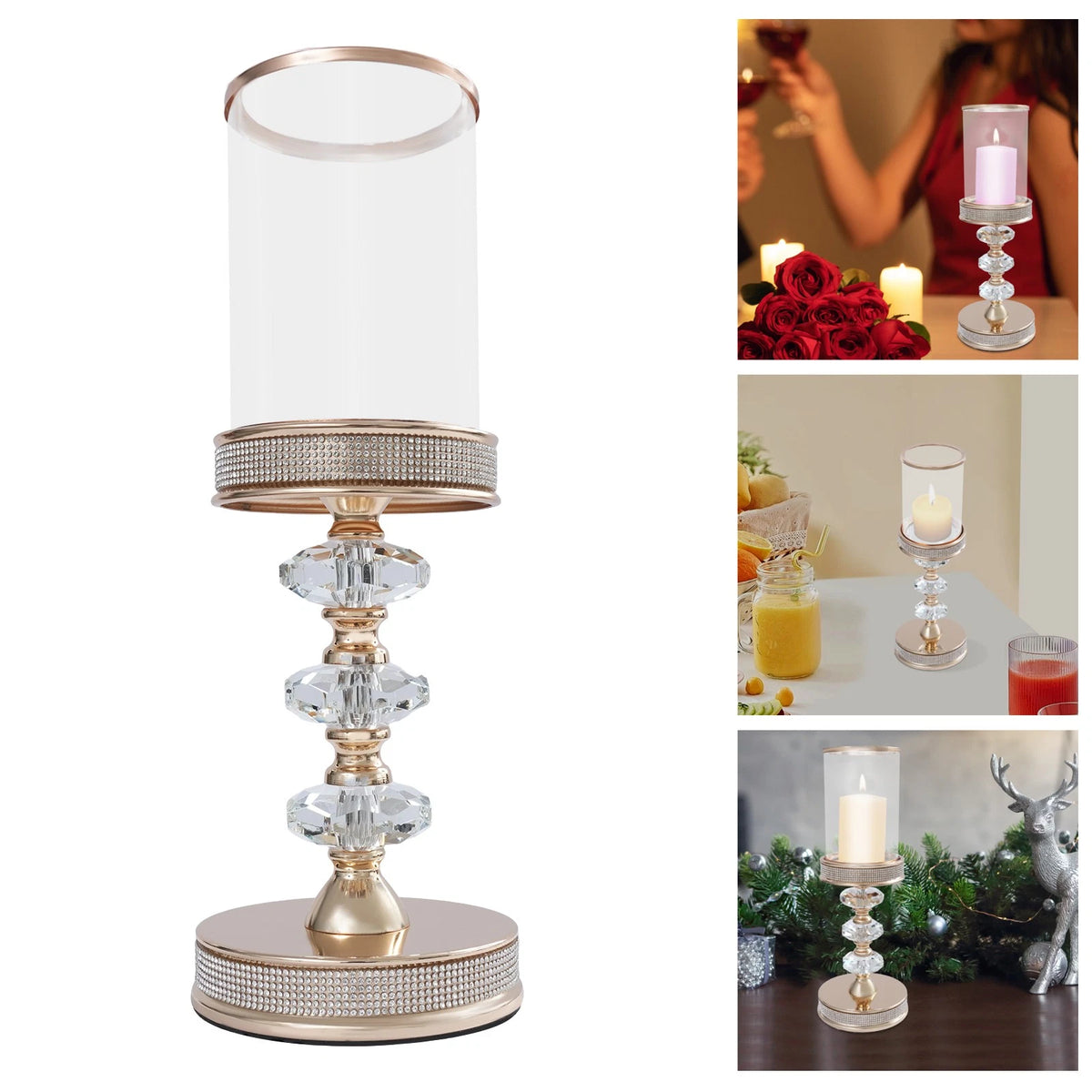 Gold Crystal Glass Dome Candle Holder with Diamond Windproof Hurricane Lantern