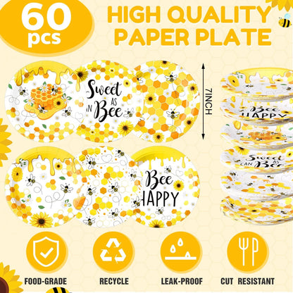 60 Pcs 7 Inch Honey Bee Paper Plates for Baby Shower Tableware