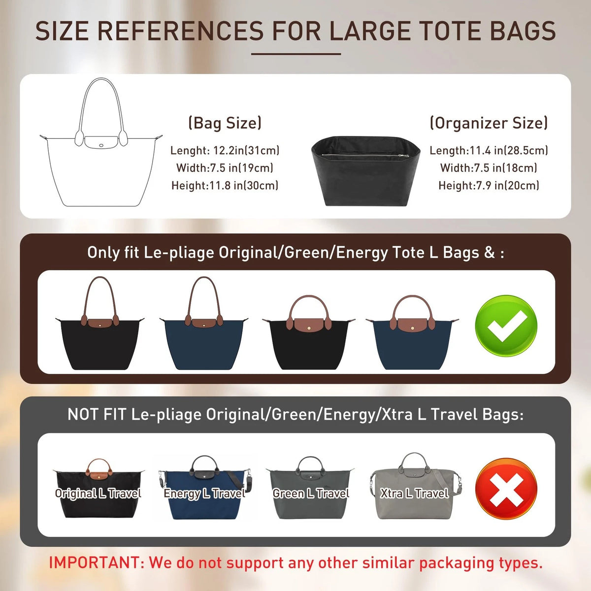 Purse Organizer Insert for Long Champ Bag (Large, White)