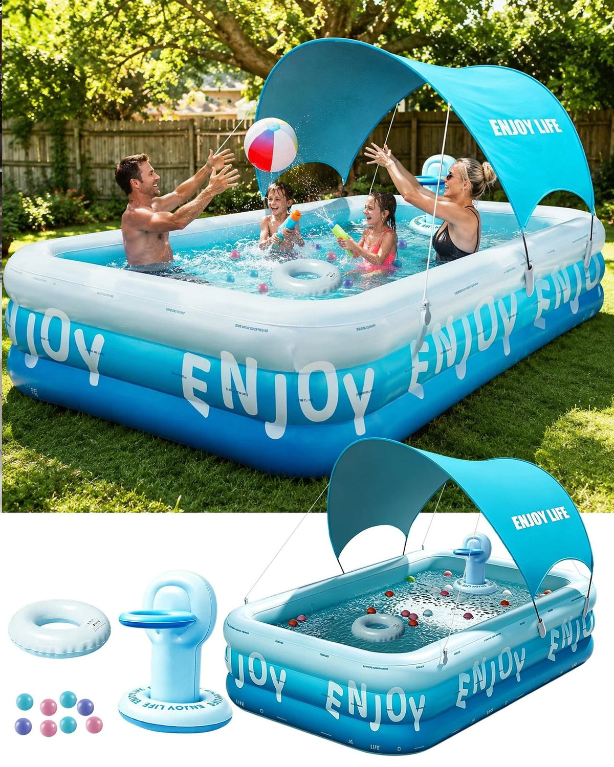 Inflatable Pool with Canopy for Family (118"x68"x22")