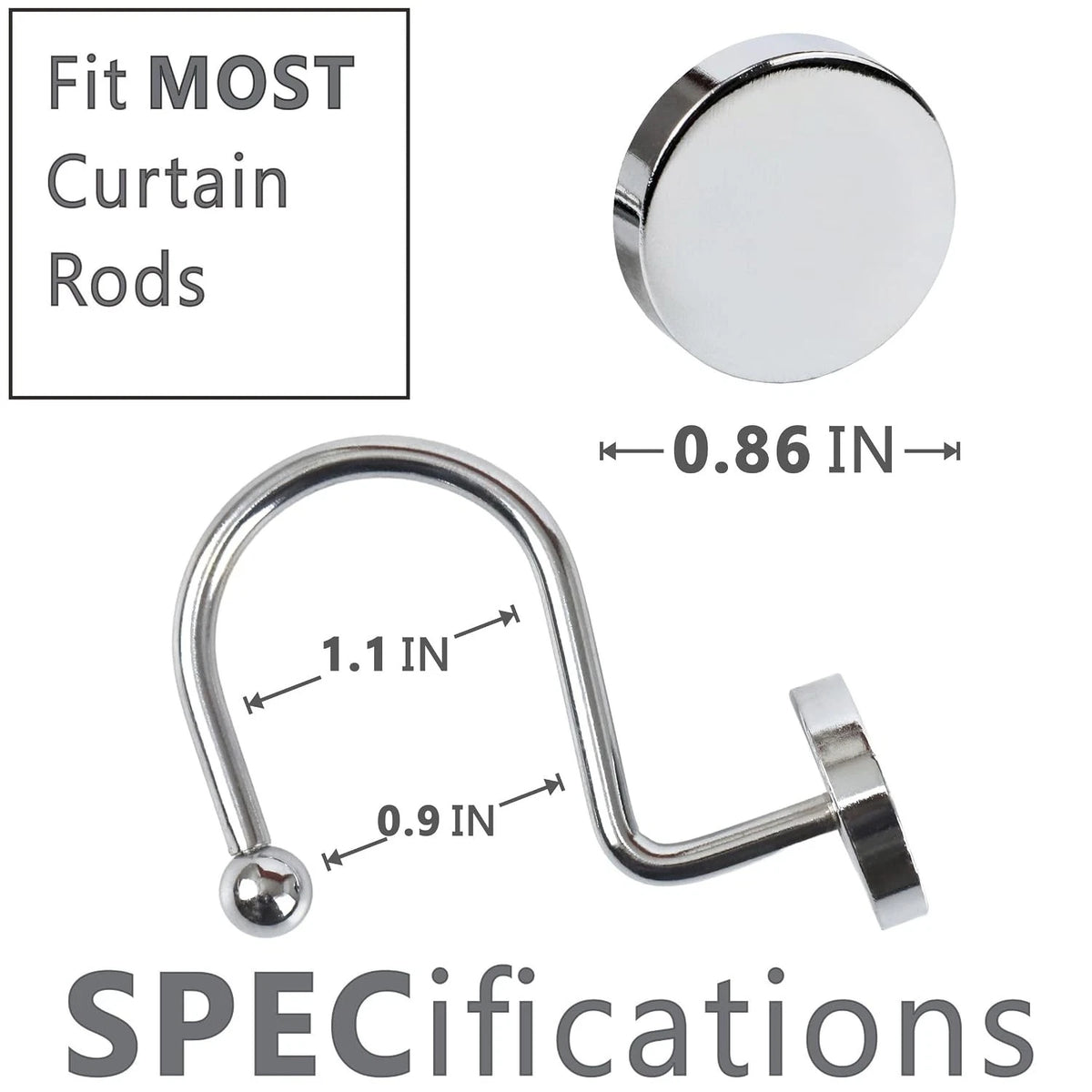 Set of 12 Round Button Shower Curtain Hooks for Heavy Metal Curtains