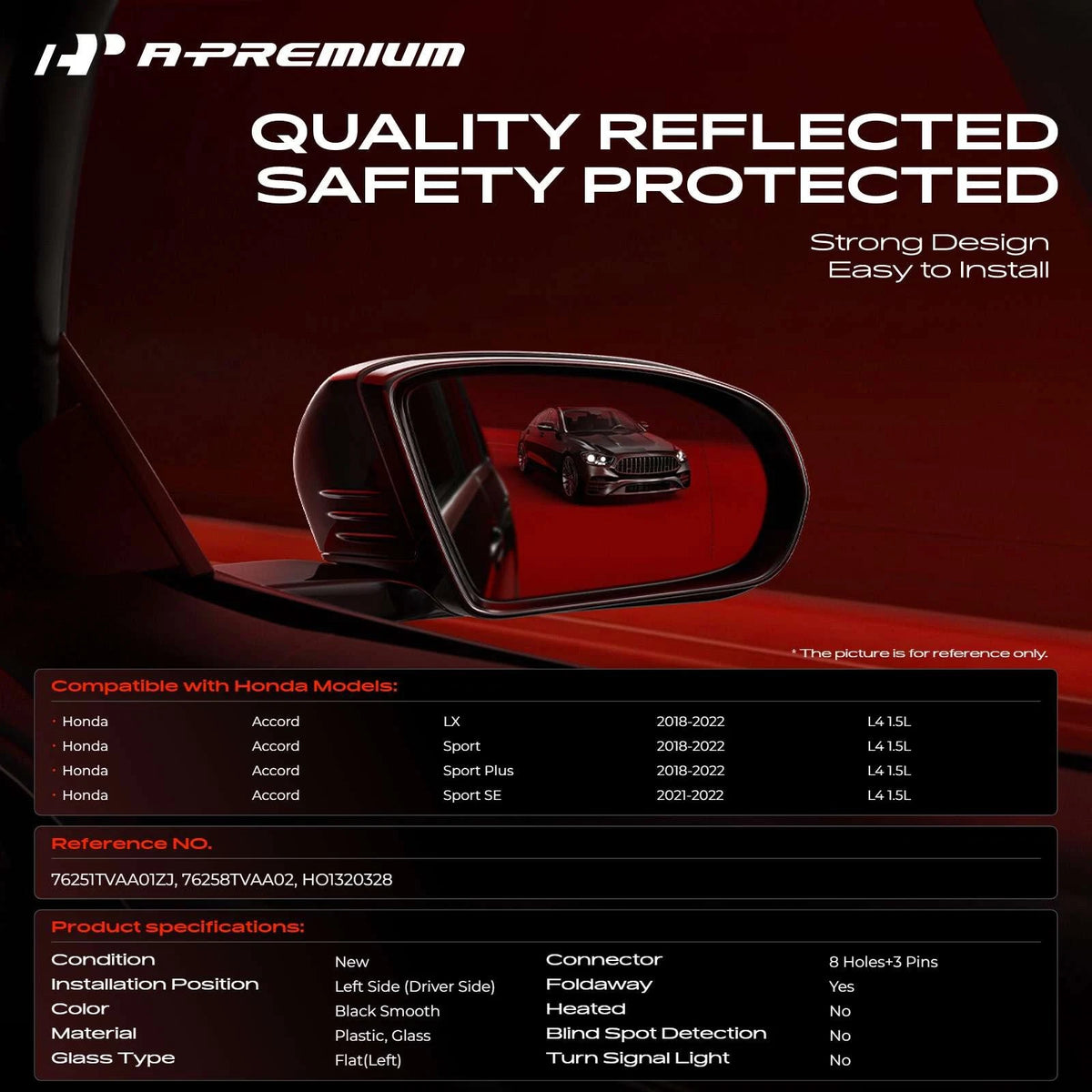 Driver Power Adjust Mirror w/ Power Fold for Honda Accord (2018–2022) 76258TVAA02, HO1320328