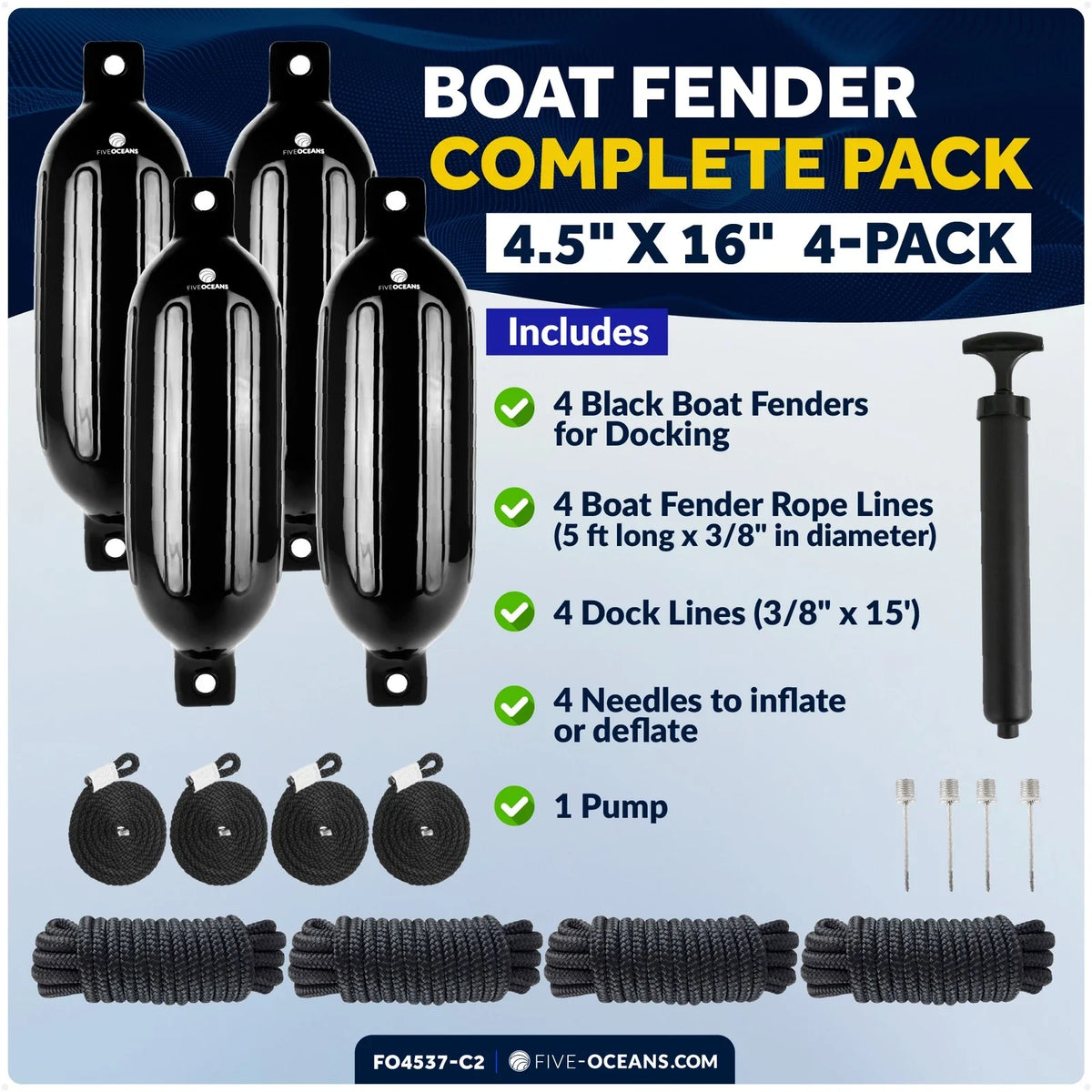 Set of 4 Boat Fenders 4.5" x 16" with 3/8" x 15' Dock Lines