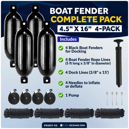 Set of 4 Boat Fenders 4.5" x 16" with 3/8" x 15' Dock Lines