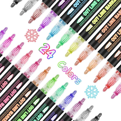 Set of 24 Shimmer Double Line Outline Markers for Drawing
