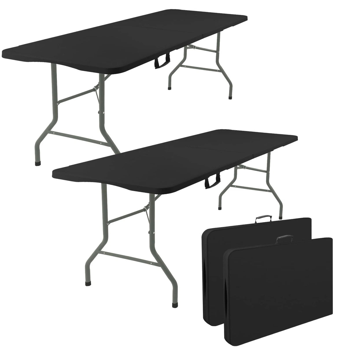 2X 6 FT Folding Table for Event Picnic - Black HDPE Plastic, Steel Legs