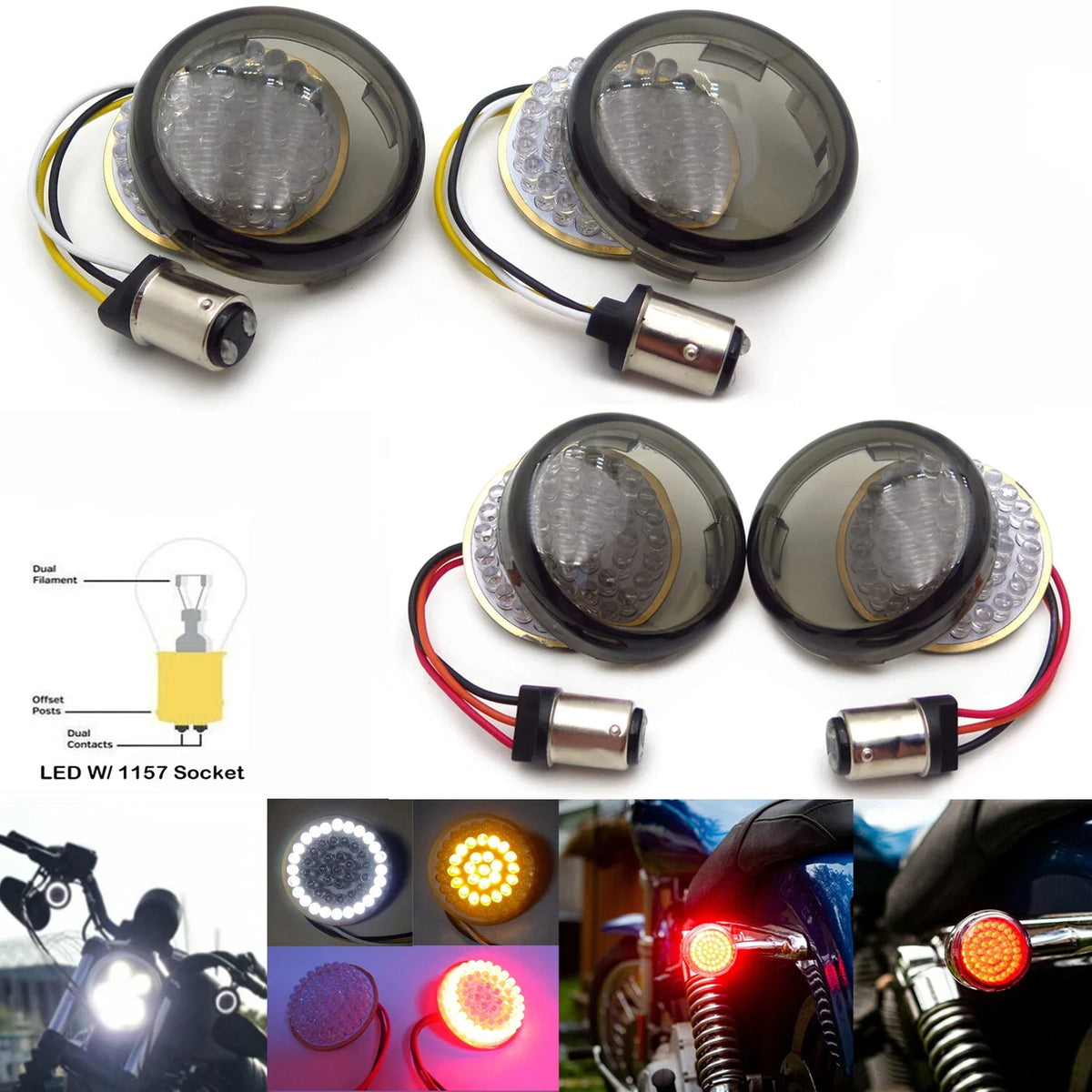 2" LED 1157 Turn Signal Light Inserts + Smoke Lens for Harley