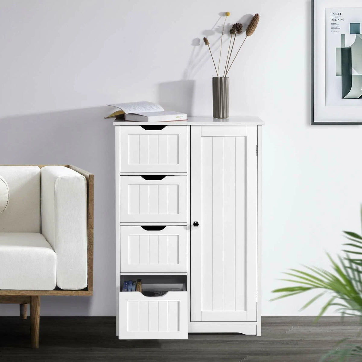 Wooden Bathroom Cabinet with 4 Drawers & 1 Door for Storage